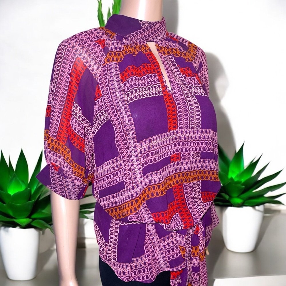 New York & Company Printed Dolman-Sleeve Keyhole Neck Waist Tie Blouse - Picture 10 of 15